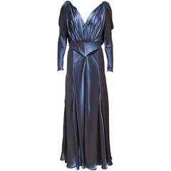 Bias cut blue silk evening dress with open back, c. 1930s