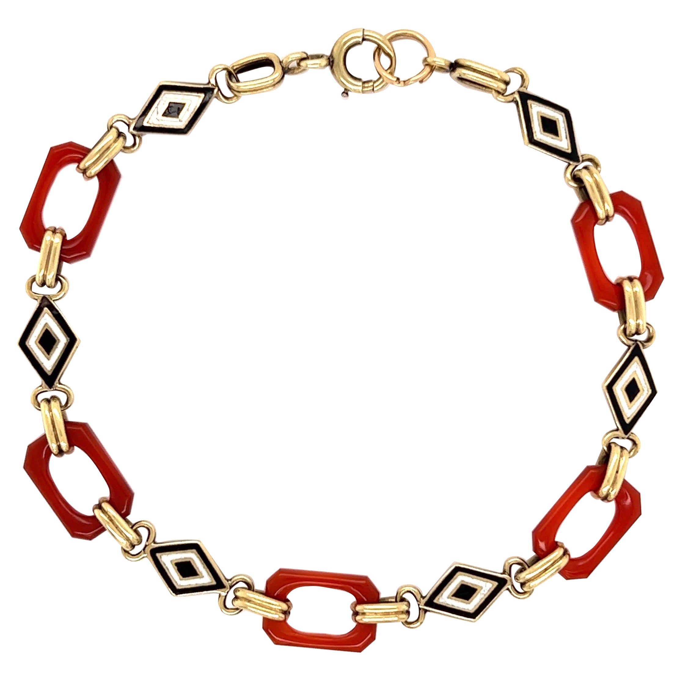 Enamel and Carnelian Art Deco Revival Gold Link Bracelet For Sale