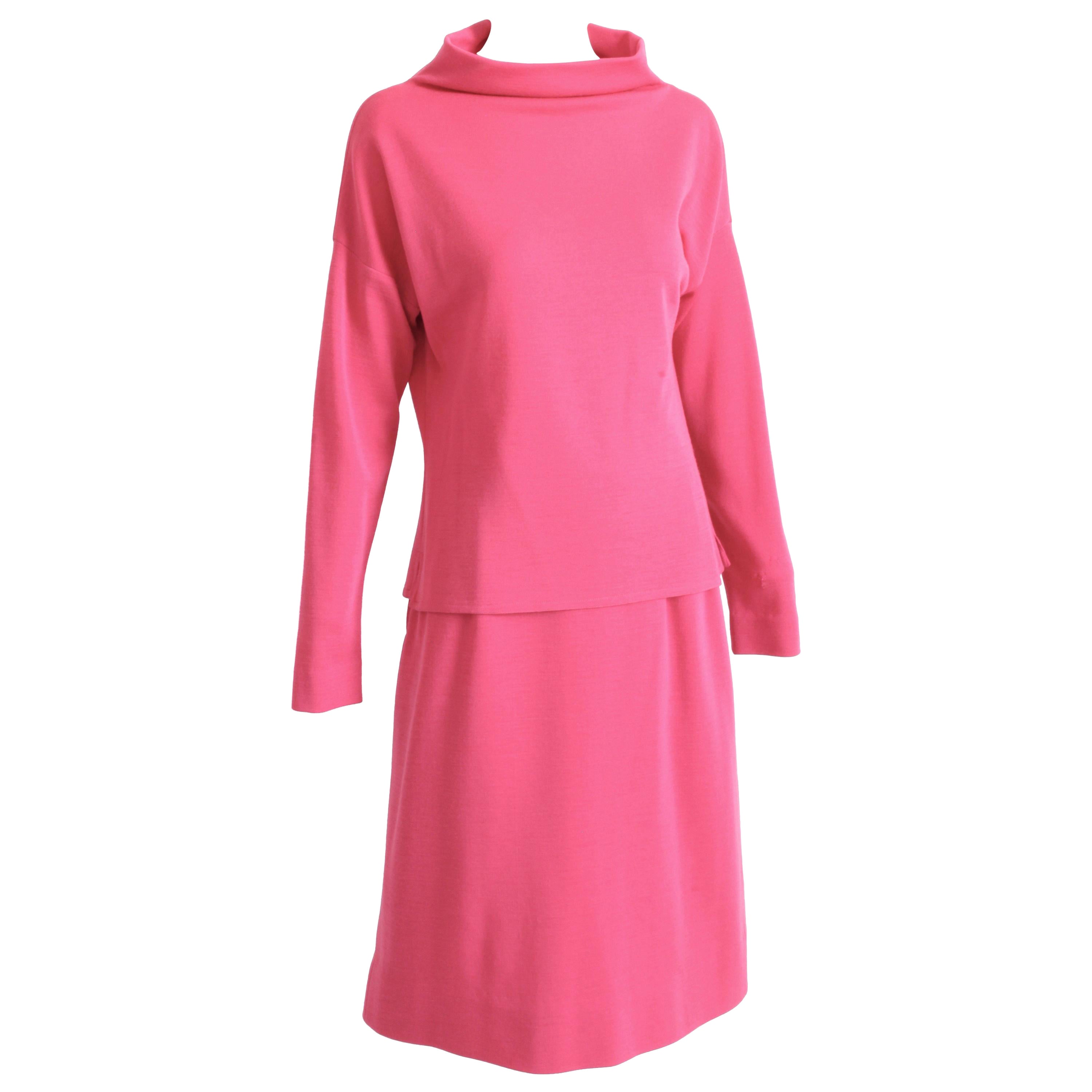 Bonnie Cashin Suit Pink Knit 2pc Set Raglan Top and Skirt Vintage 1960s