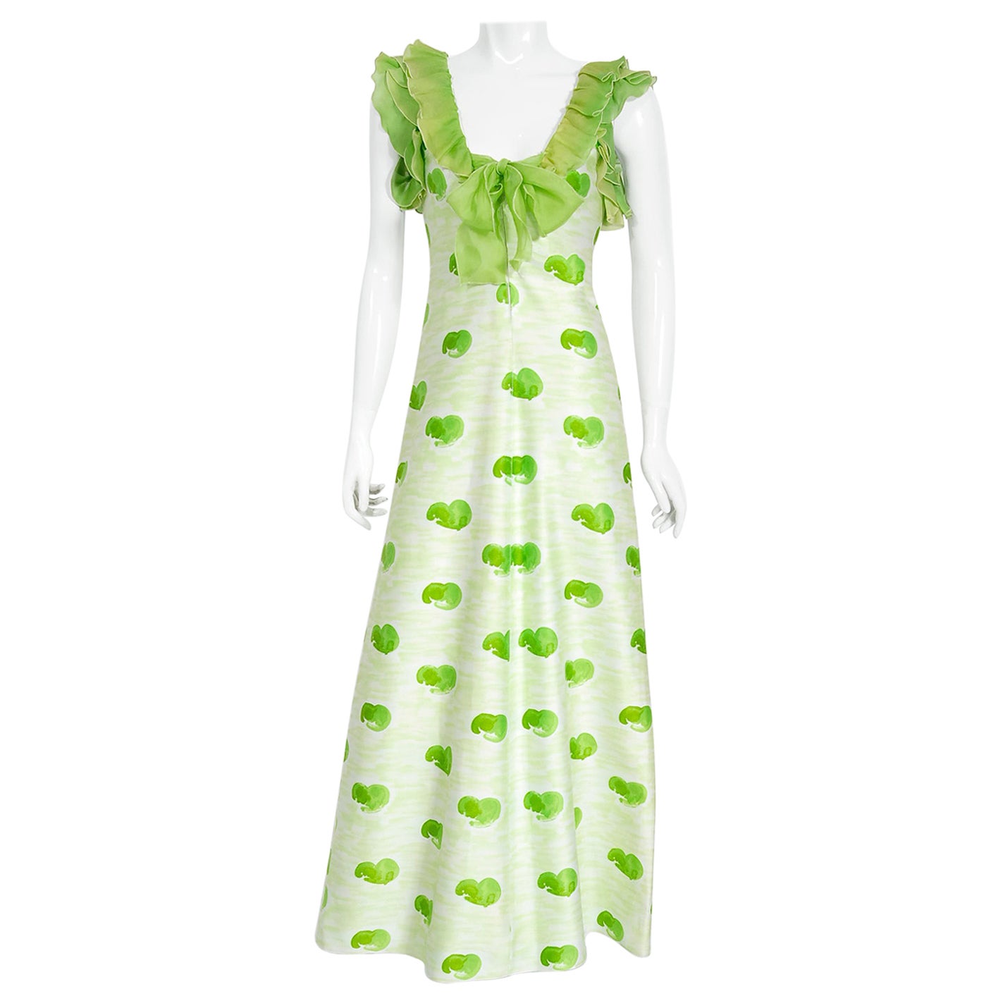 Vintage 1974 Courreges Documented Green Print Cotton & Ruffle Organza Maxi Dress