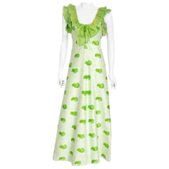Retro 1974 Courreges Documented Green Print Cotton & Ruffle Organza Maxi Dress