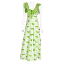 Archival 1974 Courreges Documented Green Print Cotton Ruffle Organza Maxi Dress