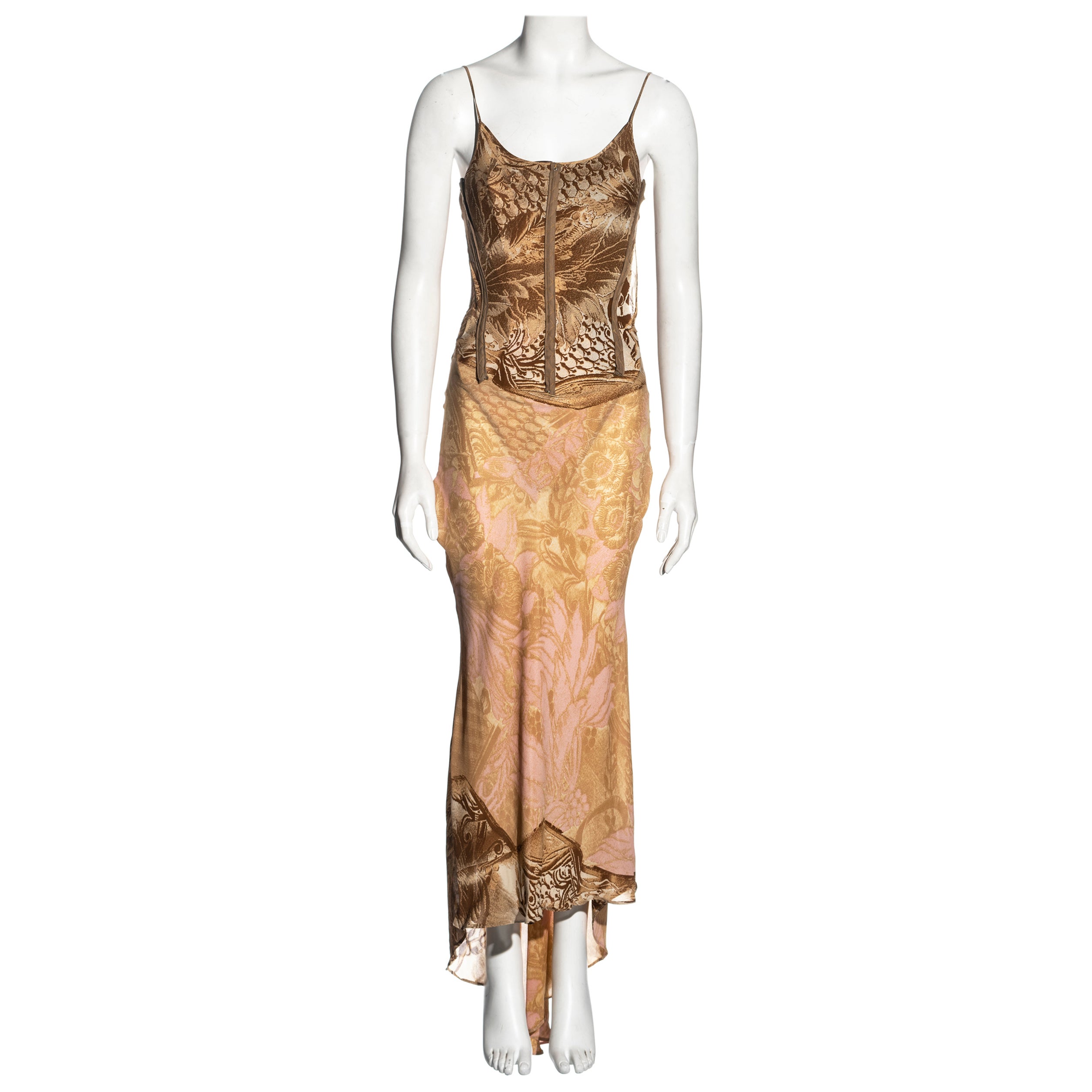 Roberto Cavalli brown and pink montage print silk corset dress, fw 2001 For Sale