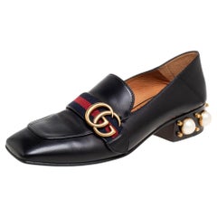 Gucci Black Leather GG Marmont Pearl Collapsible Mid Heel Loafer Pumps Size 37