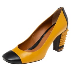 Fendi Yellow/Black Leather Cap-Toe Studded Block Heel Pumps Size 41