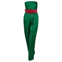 1982 Givenchy Haute-Couture Green Pink Satin Strapless Belted Jumpsuit & Jacket 4
