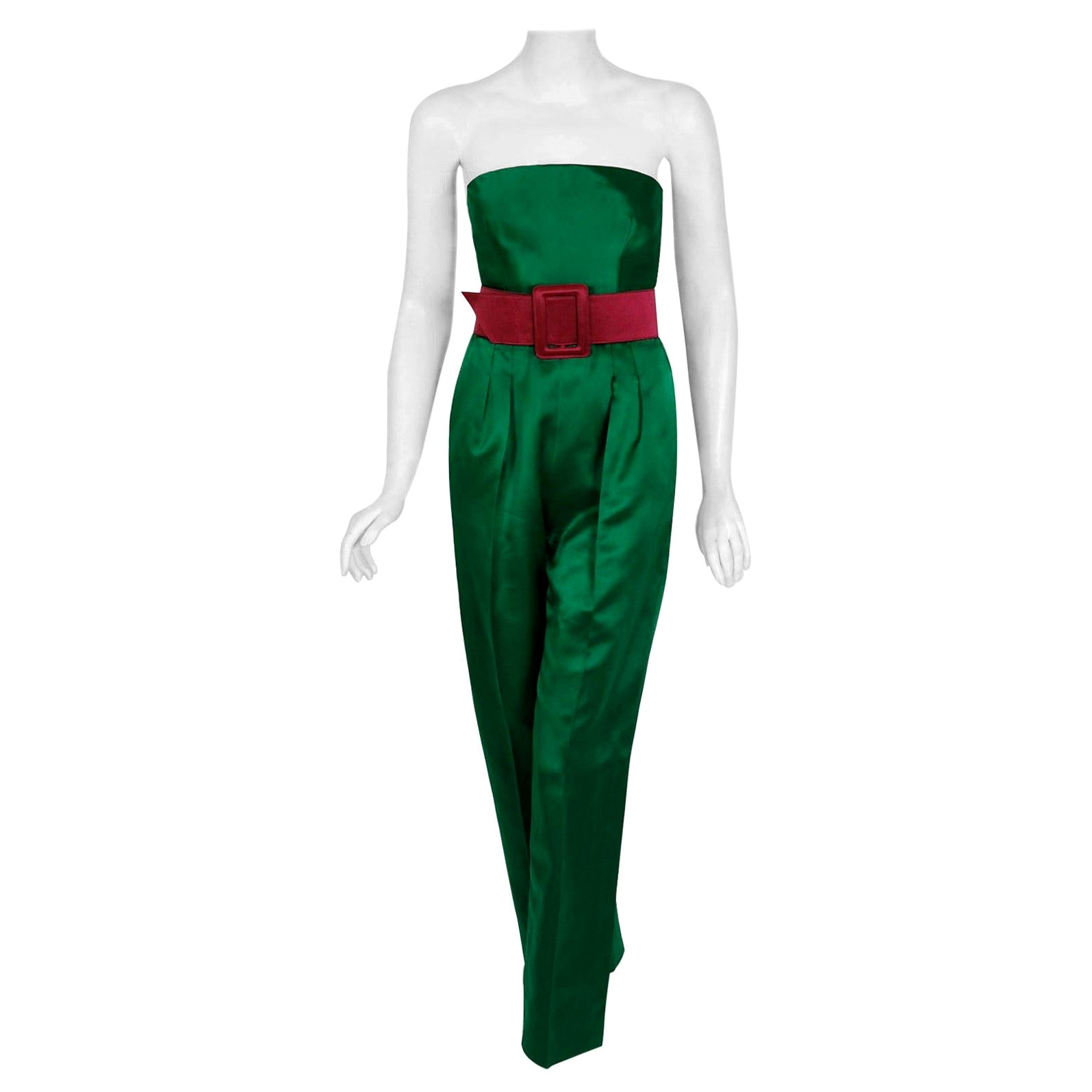 Vintage 1991 Givenchy Haute Couture Green Pink Satin Strapless Jumpsuit & Jacket For Sale