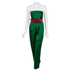 Vintage 1991 Givenchy Haute Couture Green Pink Satin Strapless Jumpsuit & Jacket