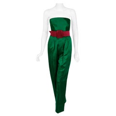 Vintage 1991 Givenchy Haute Couture Green Pink Satin Strapless Belted Jumpsuit & Jacket