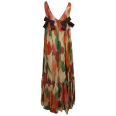 Vintage 1960s Multicolor Florals Silk Organza Sleeveless Satin Bow Maxi Dress / Gown
