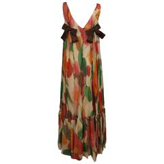 1960s Floral Print Silk Organza Sleeveless Satin Bow Maxi Dress /Gown 11