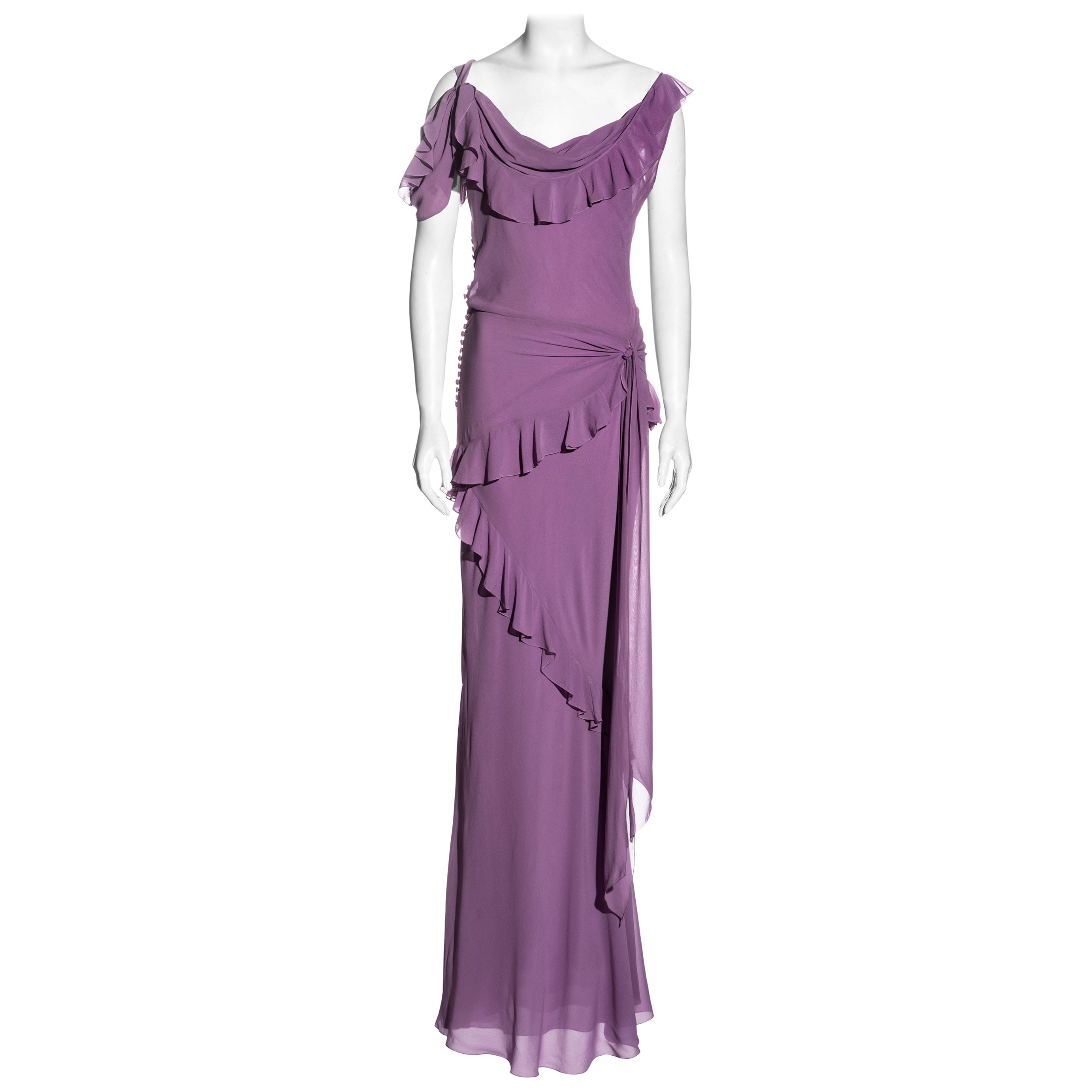 John Galliano purple silk bias-cut evening dress with frills, ss 2002
