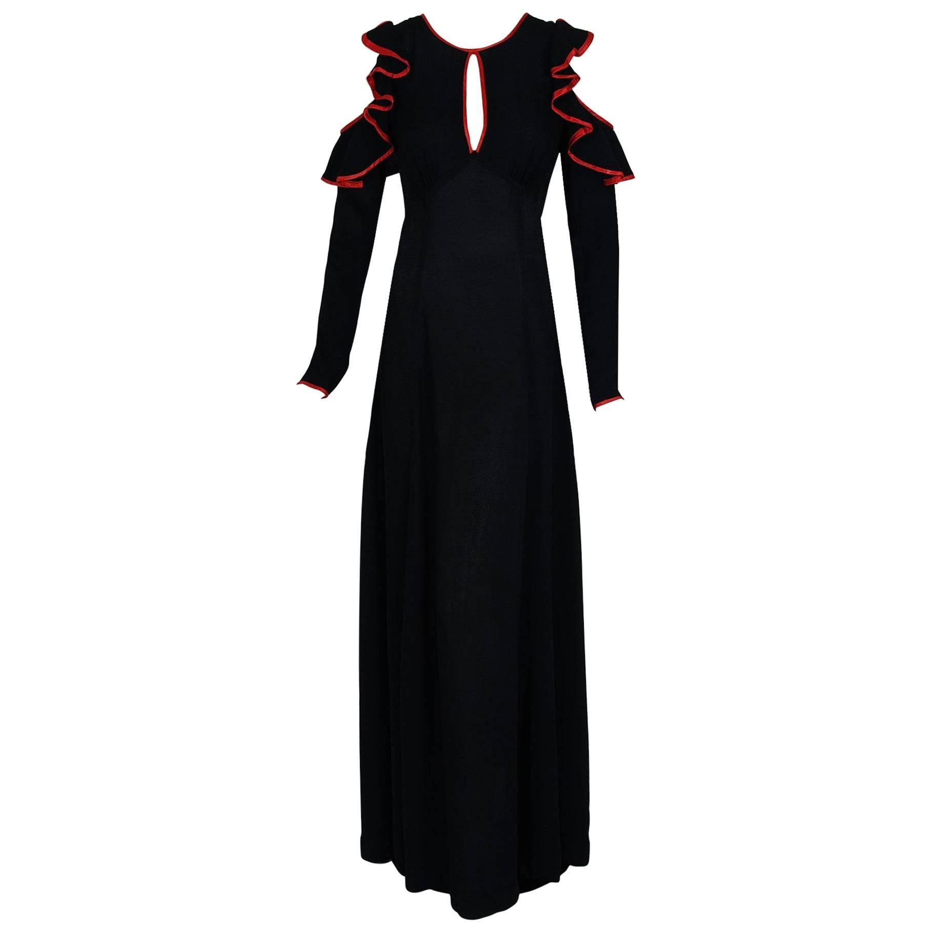 1970's Ossie Clark Black Moss-Crepe & Red Satin Cut-Out Ruffle Backless Dress