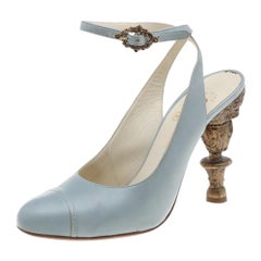 Chanel Light Blue Leather Cap Toe Baroque Heel Ankle Strap Sandals Size 38.5