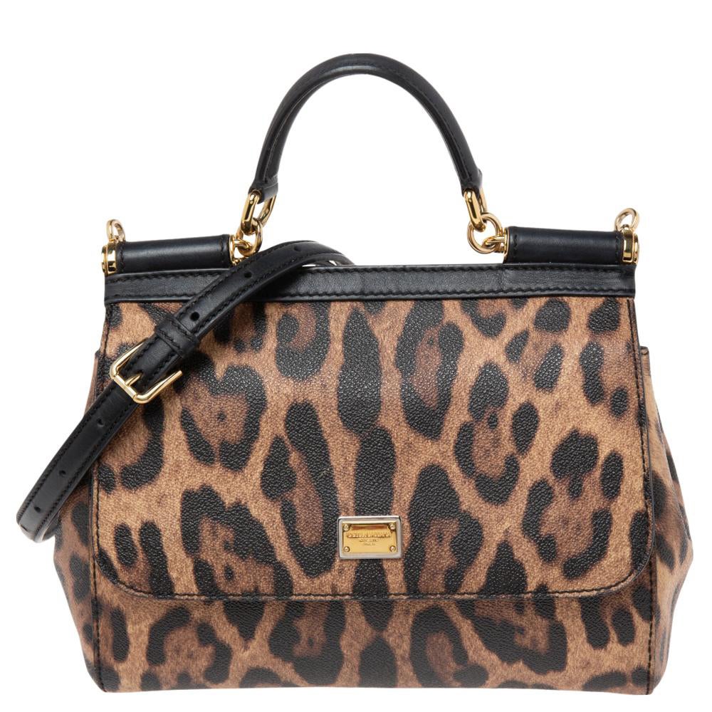 Dolce & Gabbana Leopard Print Leather Medium Miss Sicily Top Handle Bag
