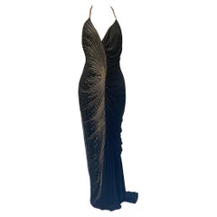 1970S Black & Gold Silk Jersey Beaded Tulle Backless Gown