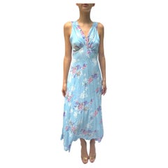 1940S Powdered Blue Floral Silk & Rayon Bias Cut Dress