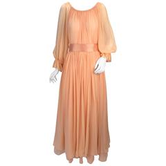 1970s Bill Blass Peach Silk Chiffon Dress 8