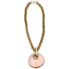 Italian Brass Link and Peach Diamond Faceted Glass Pendant Necklace 8