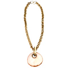 Retro Italian Brass Link Chain and Diamond Faceted Glass Pendant Necklace
