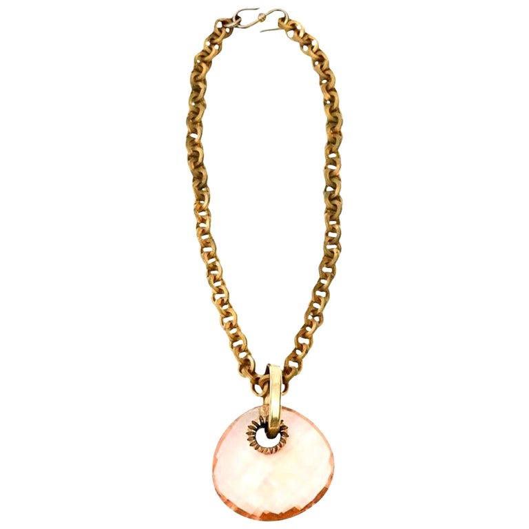 Vintage Italian Brass Link Chain and Diamond Faceted Glass Pendant