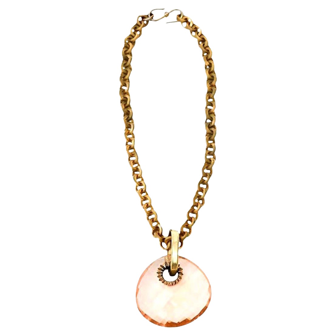 Vintage Italian Brass Link Chain and Diamond Faceted Glass Pendant Necklace For Sale
