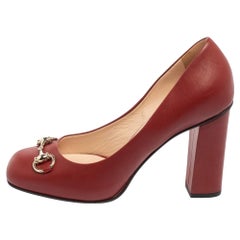 Gucci Red Leather Horsebit Square Toe Block Heel Pumps Size 38