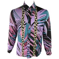 Vintage VERSUS by GIANNI VERSACE Size S Purple & Pink Palm Leaf Silk Long Sleeve Shirt