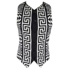 Retro GIANNI VERSACE Men's 40 Black & White Geometric Print Viscose Blend Vest
