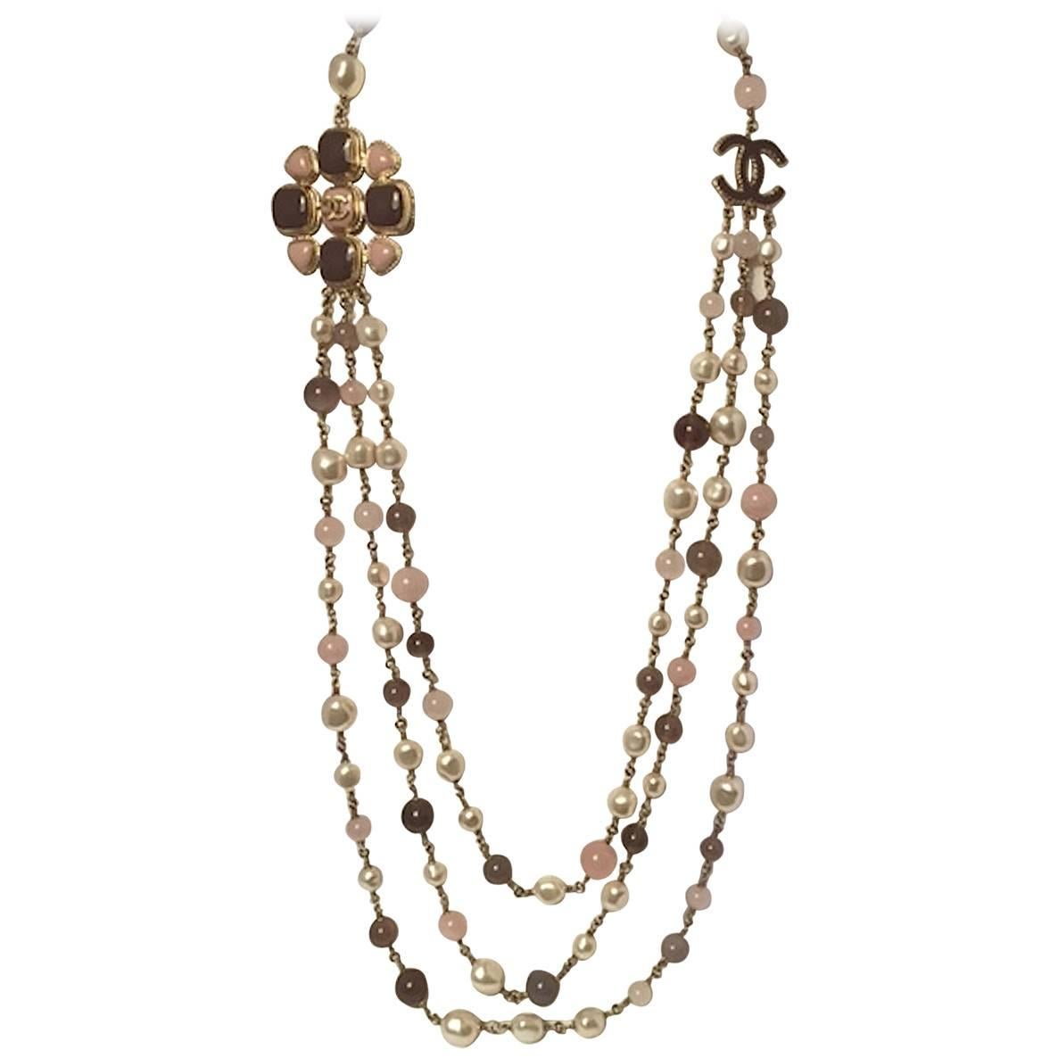 Chanel Three Strand Pearl, Rose Quartz and Agate Bead Necklace