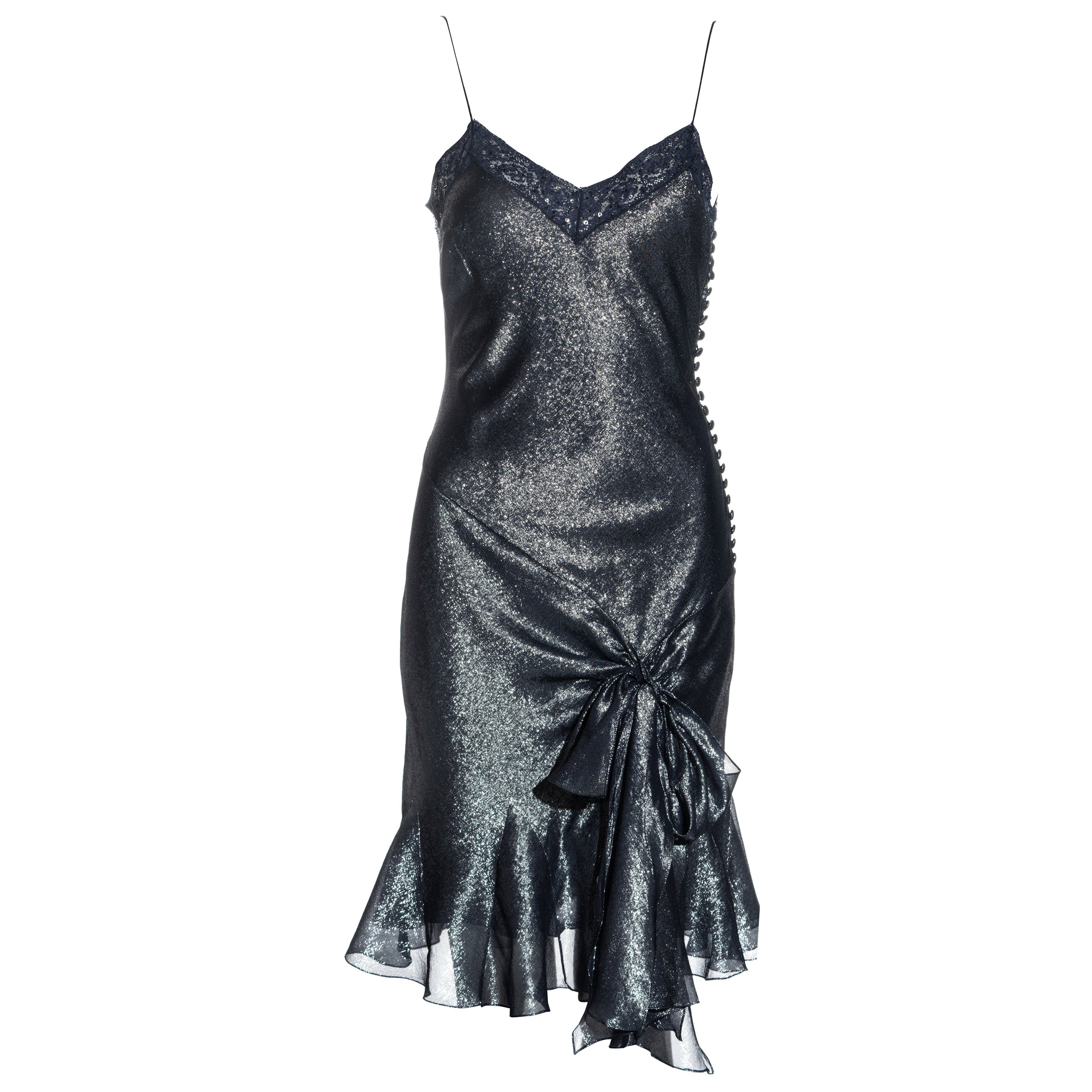 John Galliano metallic blue silk lurex and lace evening slip dress, ss 2004 For Sale