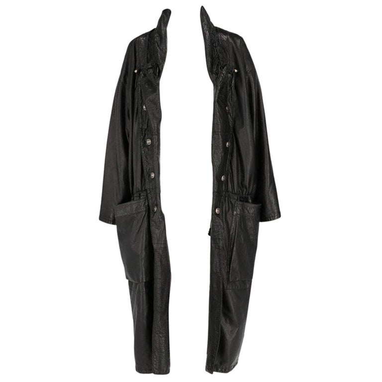 80s Marithè Francois Girbaud black long leather coat For Sale