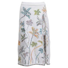 CHANEL white & multicolor cotton 2019 FLORAL EMBROIDERED MIDI Skirt 38 S