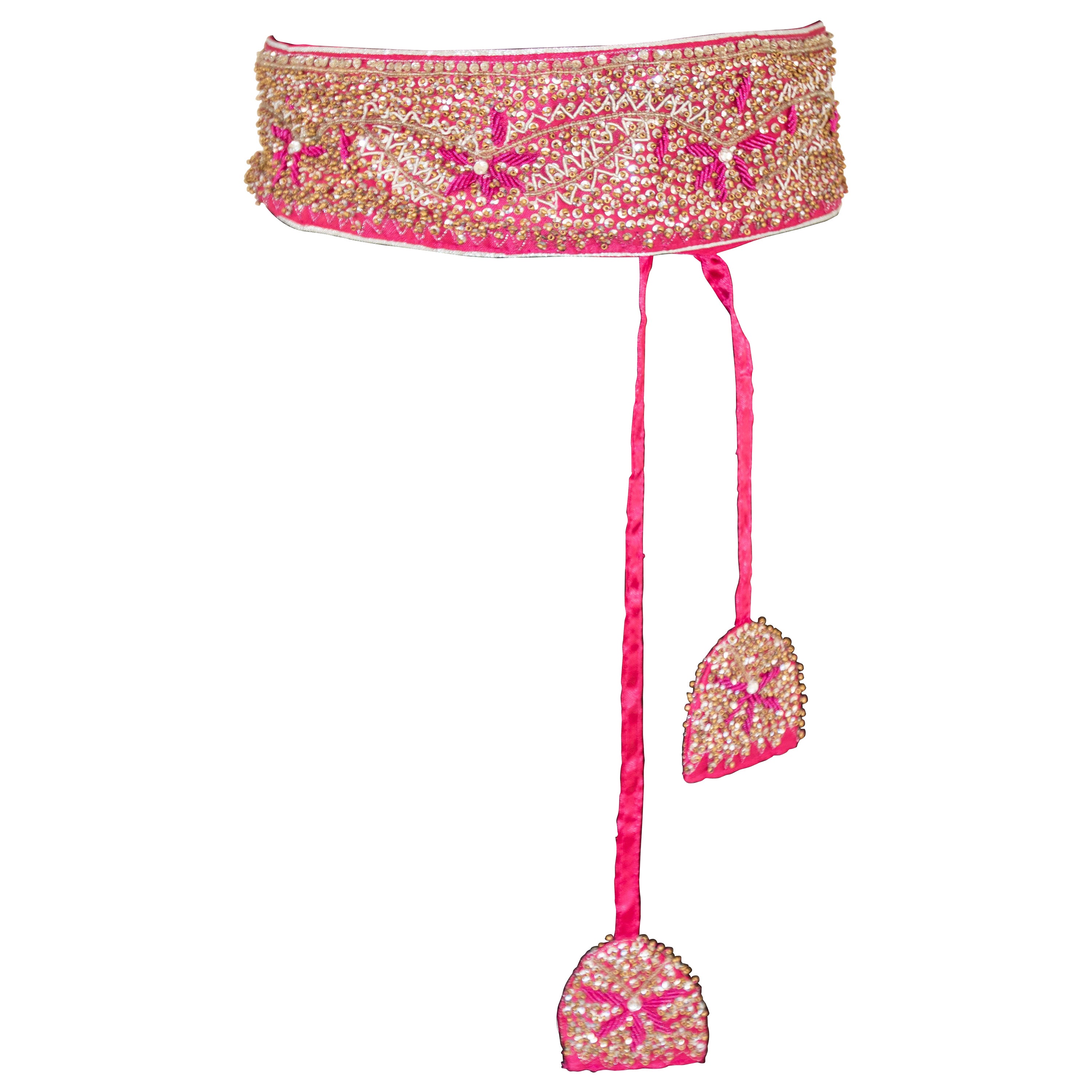 Handcrafted Pink Bohemian Waist Belt Embroidered on Silk 