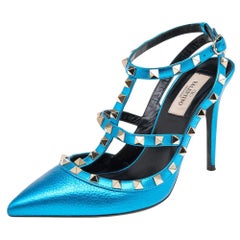 Valentino Metallic Blue Leather Rockstud Ankle Strap Sandals Size 38.5