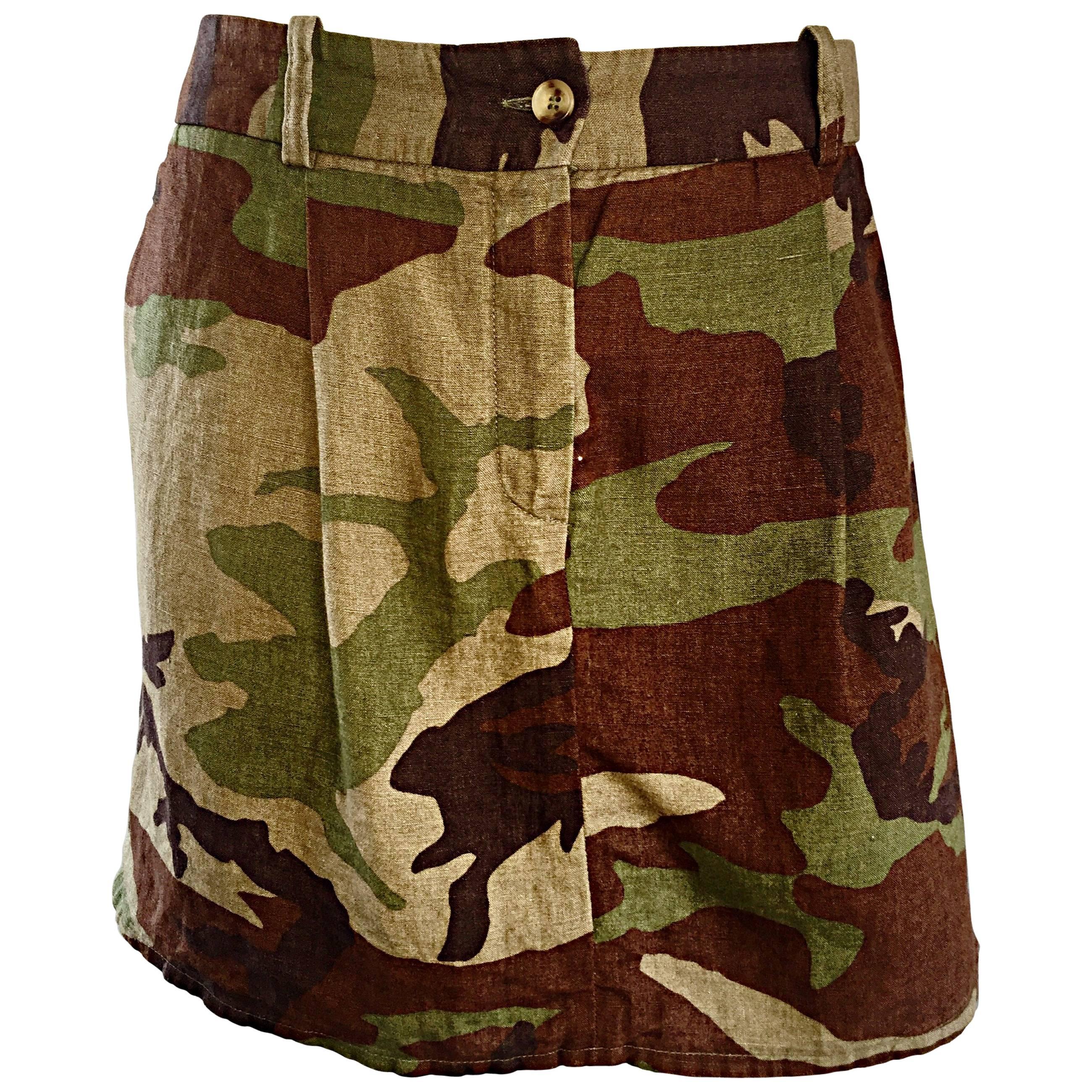 Michael Kors Collection 2013 Size 6 Runway Camouflage Green Brown Linen Skirt For Sale