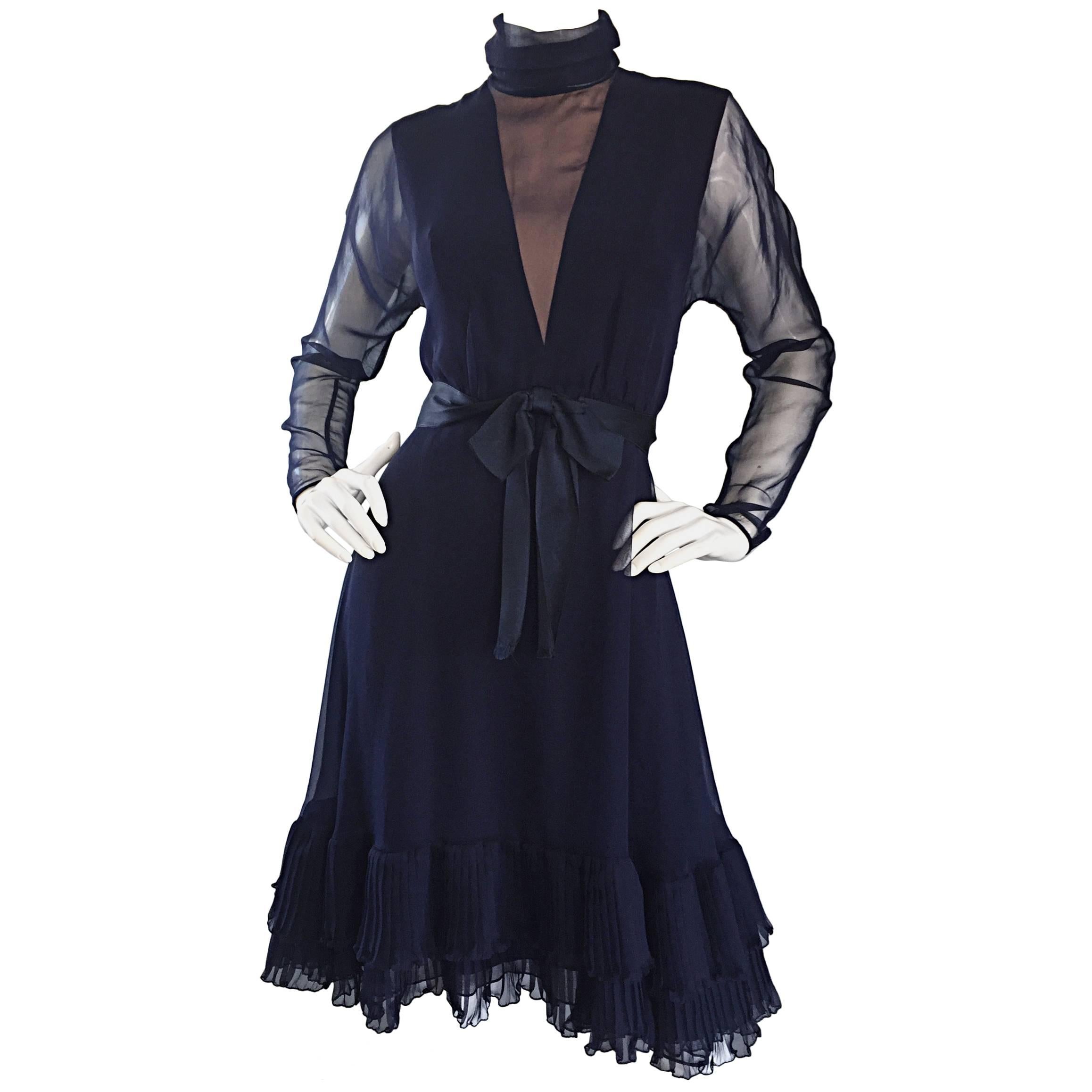 1960s Kiki Hart Navy Blue Silk Chiffon Nude Illusion Belted Bow Ruffle Dress