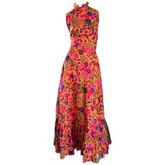 Amazing 1970s 70s Colorful Psychedelic Chiffon Floral Ruffle Vintage Maxi Dress