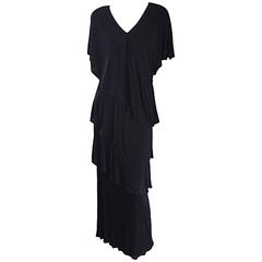 Vintage Holly's Harp Black Silk Jersey Signature Tiered Layered Boho Dress Gown