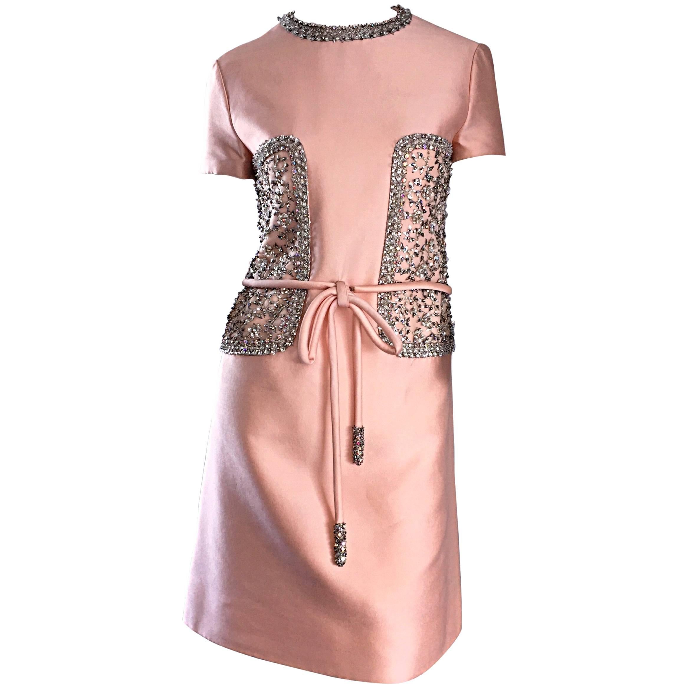 1960s Pat Sandler Light Pink Silk + Rhinestones + Crystals Belted A - Line Dress