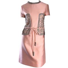 Vintage 1960s Pat Sandler Light Pink Silk + Rhinestones + Crystals Belted A - Line Dress