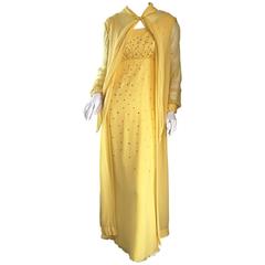 Incredible Loris Azzaro 70s Vintage Gown & Cape Yellow Silk Chiffon Rhinestones