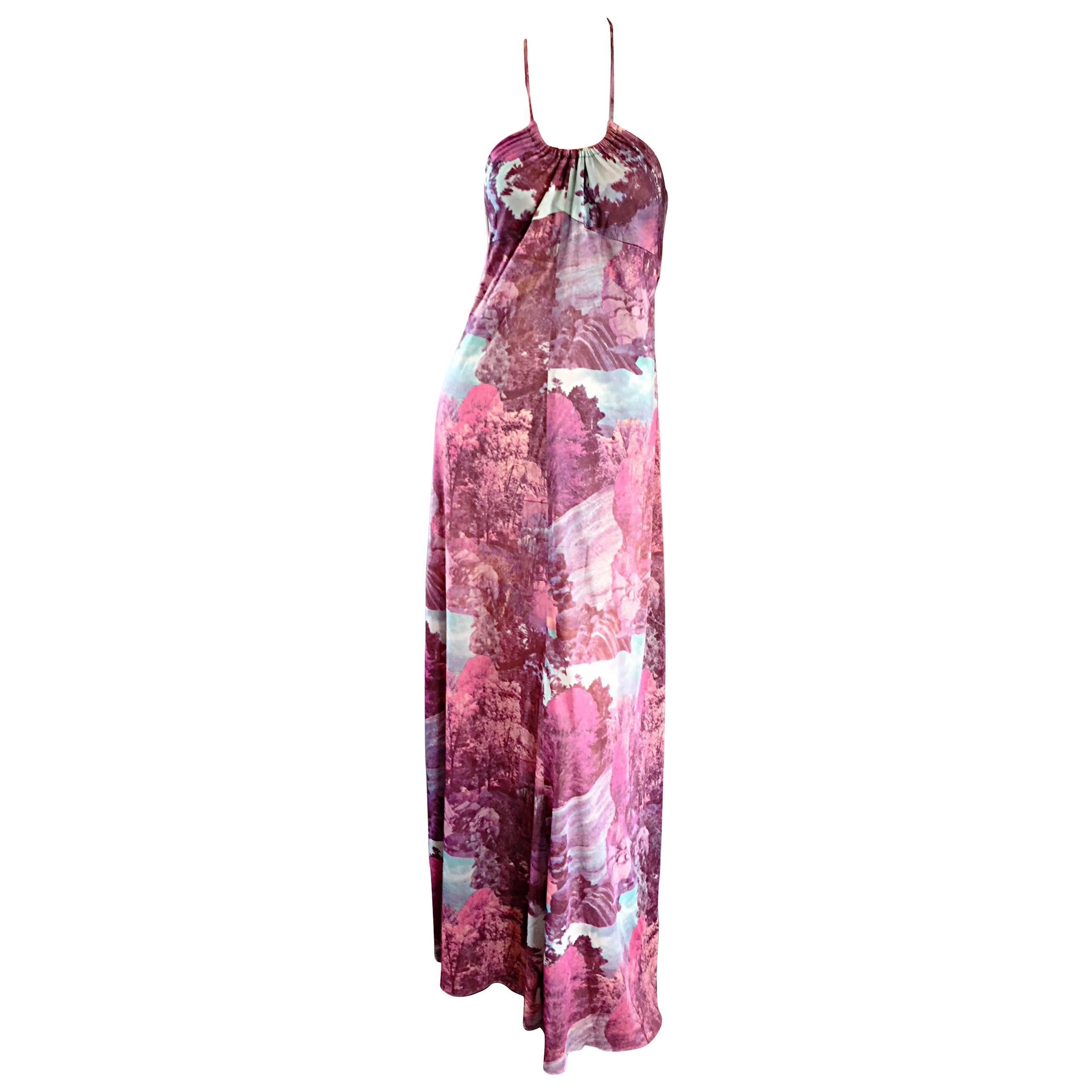 Amazing 1970s Tree Print Novelty 70s Vintage Printed Waterfall Boho Maxi Dress 