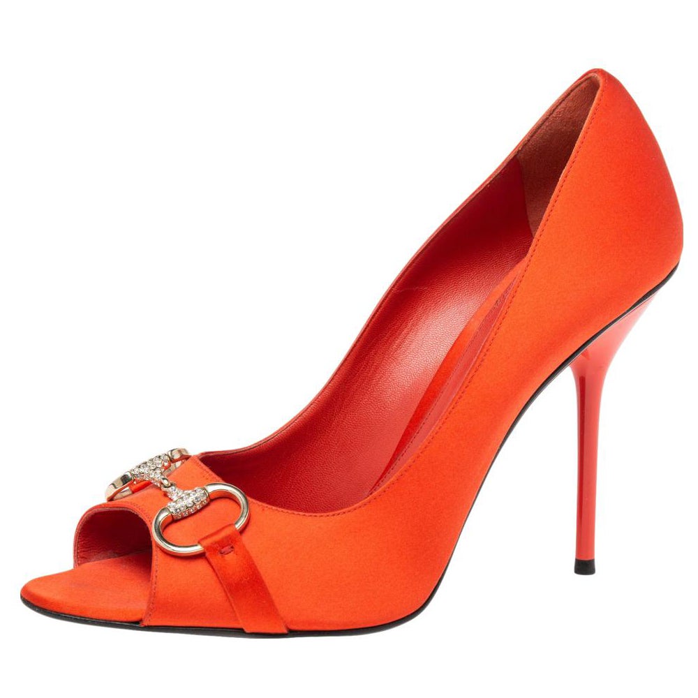 Gucci Orange Satin Horsebit Peep-Toe Pumps Size 41