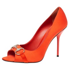 Gucci Orange Satin Horsebit Peep-Toe Pumps Size 41