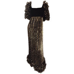 Alfred Bosand Vintage Black & Gold Plisse Pleated Ruffle Sleeve Silk Gown 