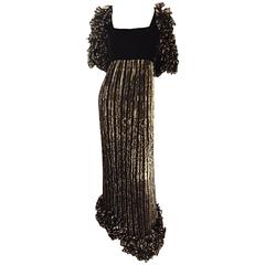 Alfred Bosand Vintage Black & Gold Plisse Pleated Ruffle Sleeve Silk Gown 1