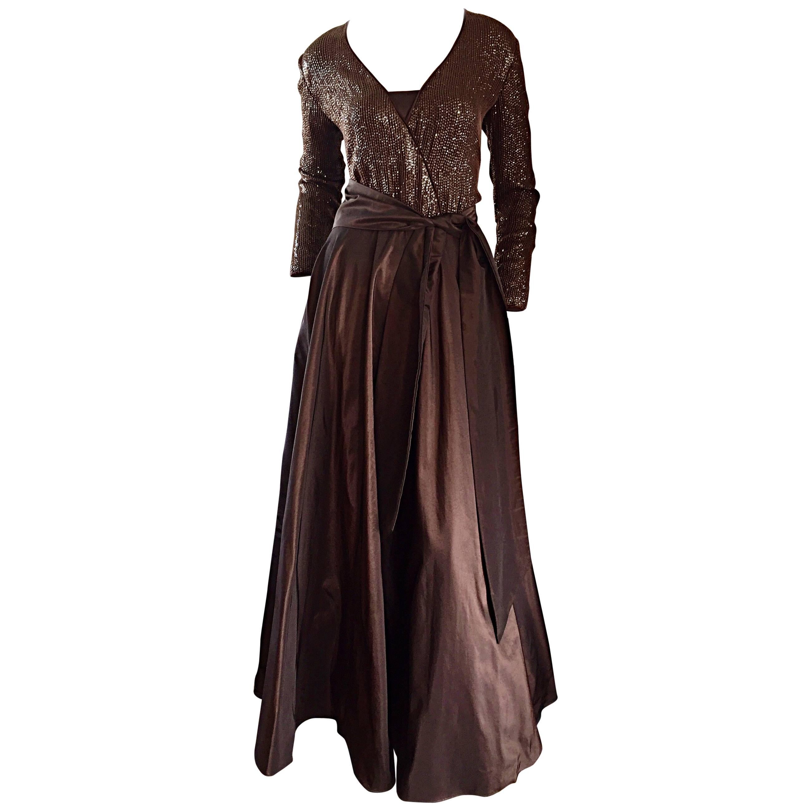 1990s Pamela Dennis Couture Size 8 Vintage Chocolate Brown Sequin Taffeta Gown For Sale