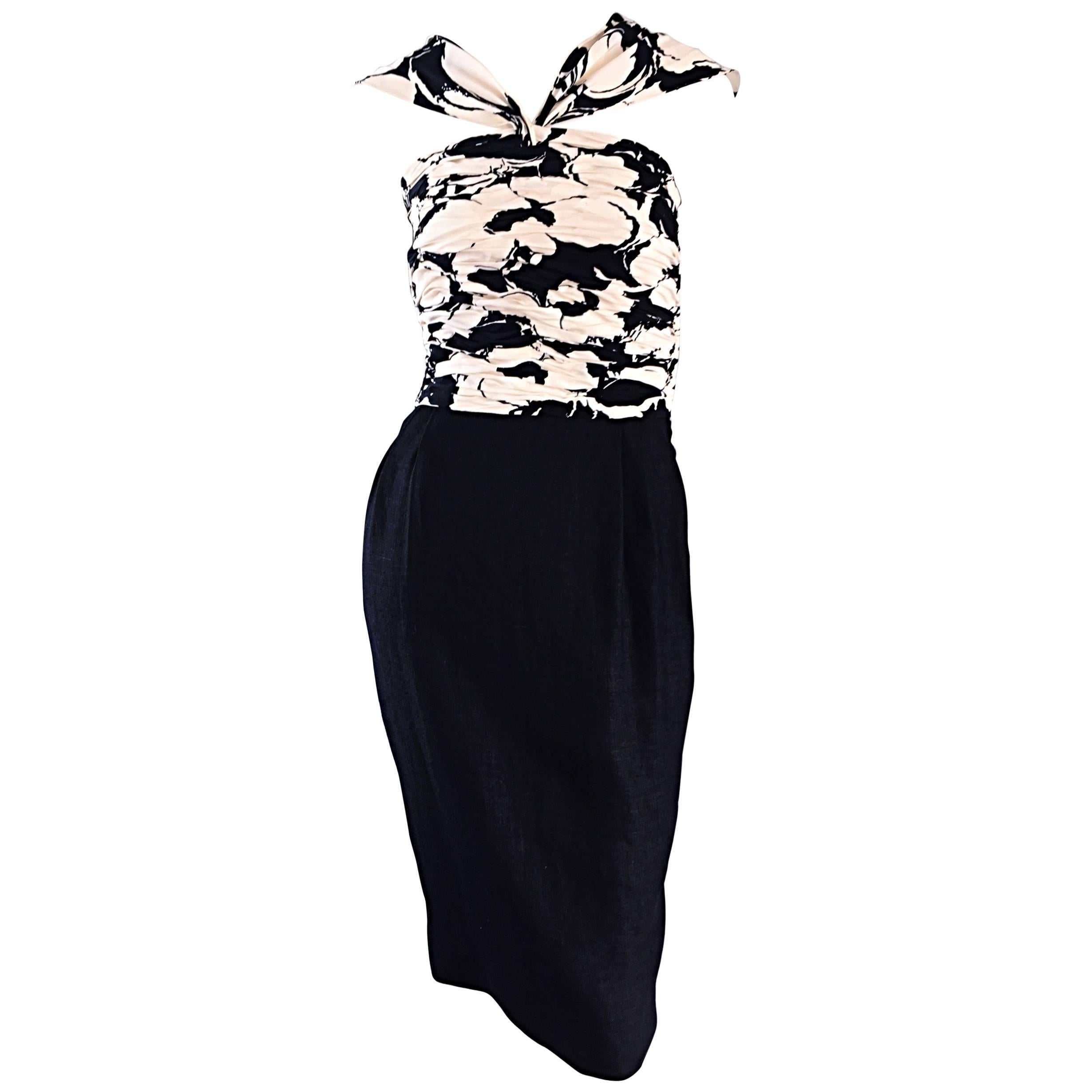 Valentino Vintage 1990s Black and White Silk Ruched Op - Art Floral Halter Dress For Sale