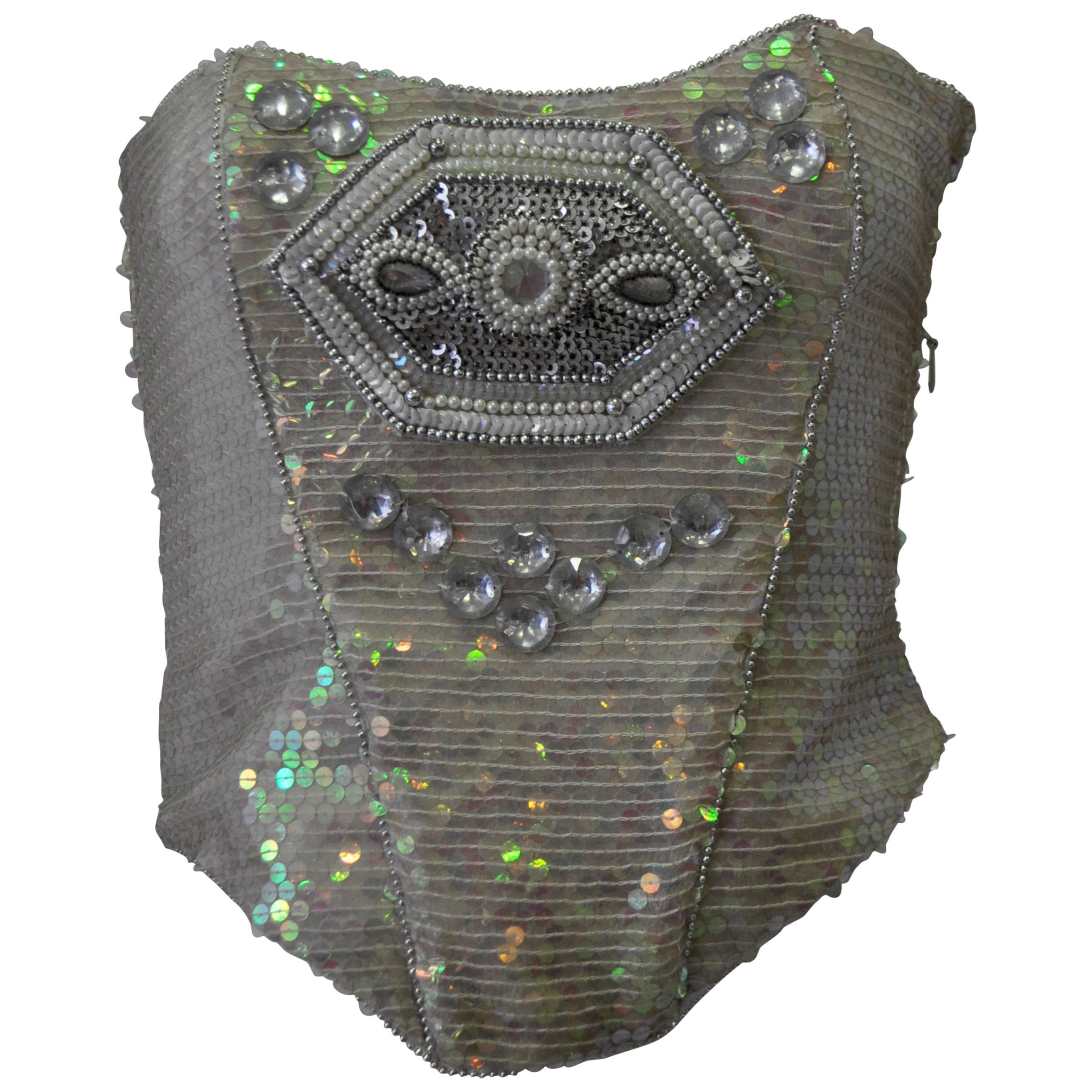 Ella Singh Intricate Bead Embroidered Iridescent Sequin Bustier For Sale